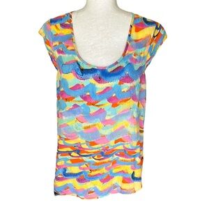 Jams World Vintage Multicolored Wave Print Cap Sleeve Scoop Neck Top - S
